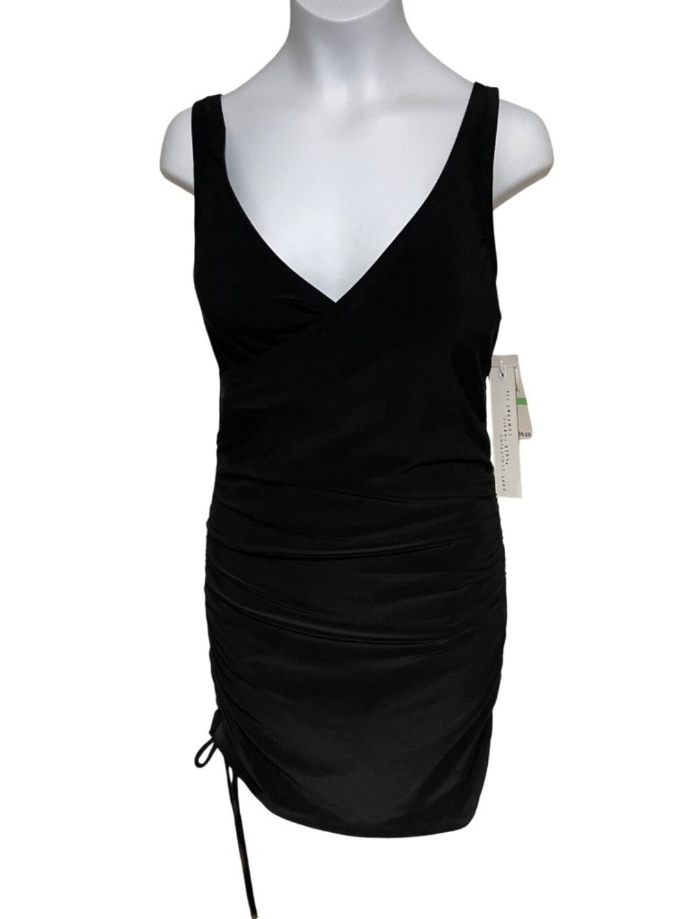 Beyond Control Black Ruched Adjustable Swimsuit Dress Womens 8 Attached Shorts